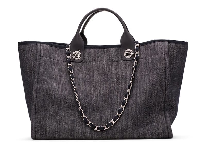Chanel Deauville Tote Denim Silver-tone Large Dark Blue