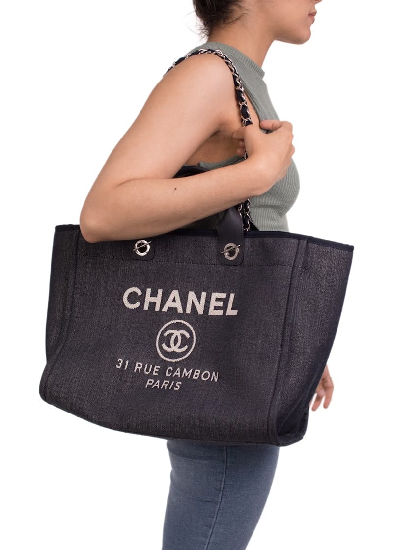 Chanel Deauville Tote Denim Silver-tone Large Dark Blue