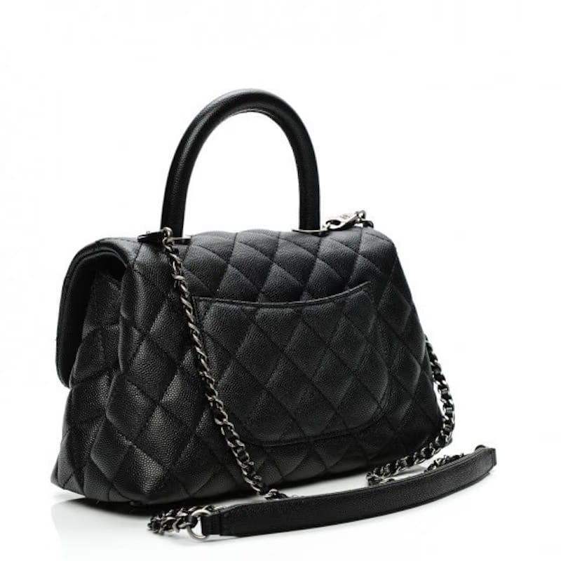 Chanel Coco Handle Bag Quilted Grained Caviar Ruthenium Mini Black