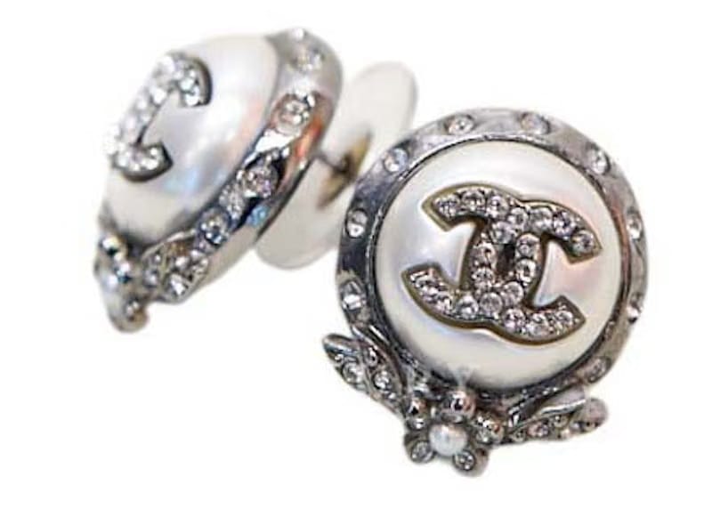 Chanel Crystal CC Pearl Earrings Silver (AB6931)