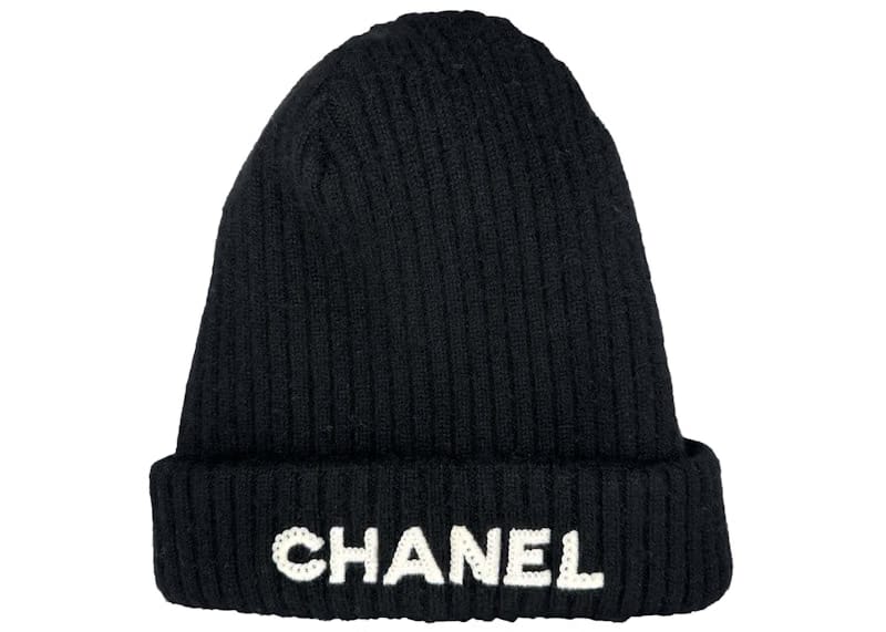 Chanel Cloche White Sequin Letter Logo Beanie AA8446 Black