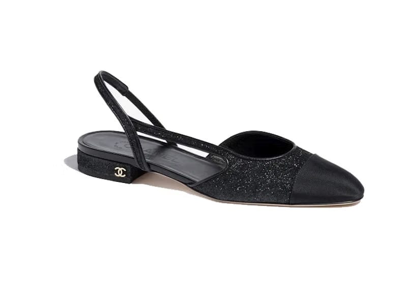 Chanel Glitter 20mm Slingbacks Black Grosgrain