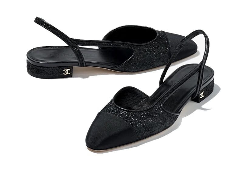 Chanel Glitter 20mm Slingbacks Black Grosgrain