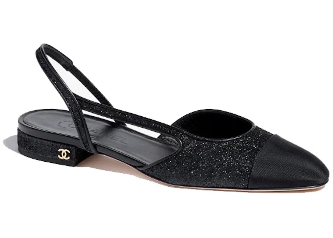 Chanel Glitter 20mm Slingbacks Black Grosgrain