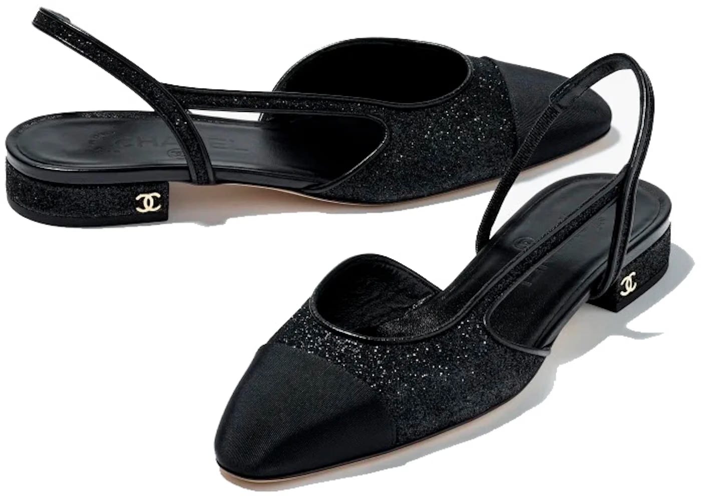 Chanel Glitter 20mm Slingbacks Black Grosgrain