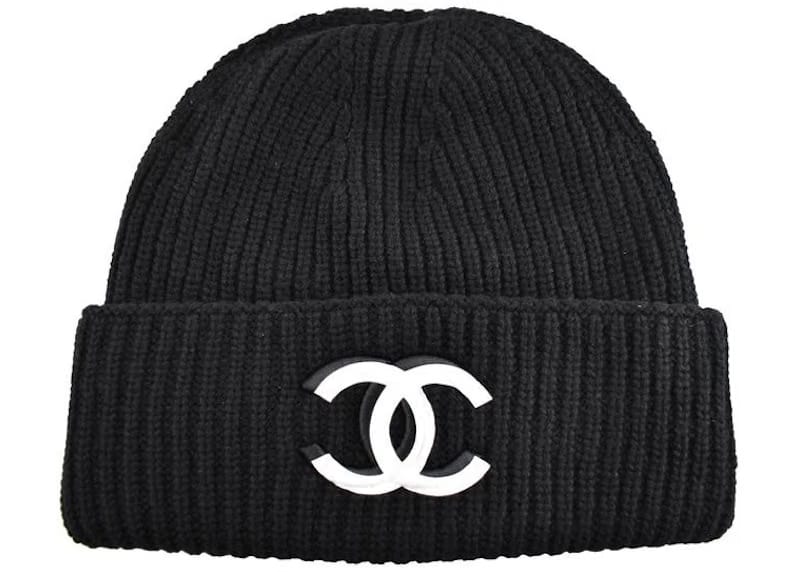 Chanel 21K Cashmere Wool CC Logo Knit Beanie Flap Hat Black