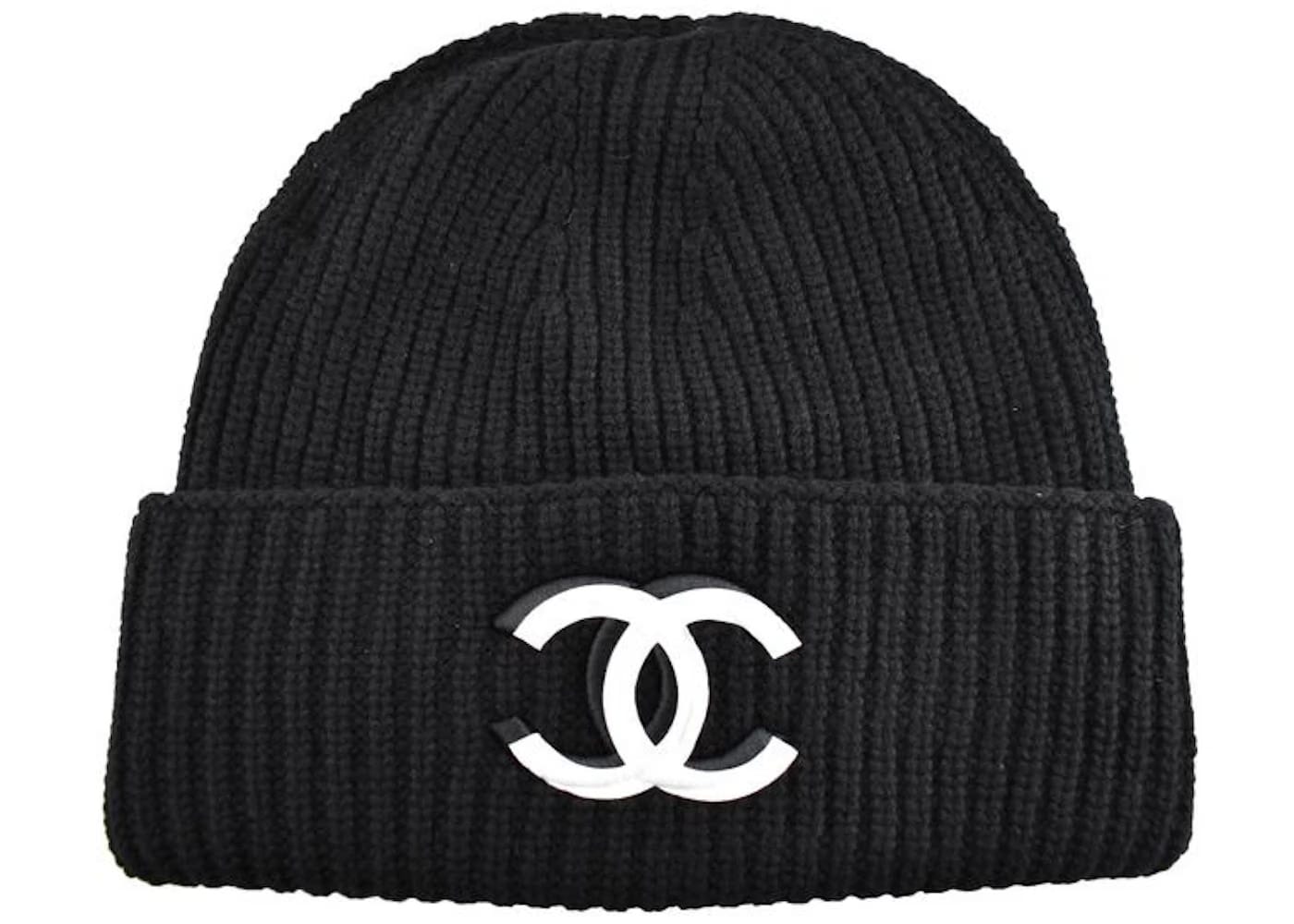 Chanel 21K Cashmere Wool CC Logo Knit Beanie Flap Hat Black