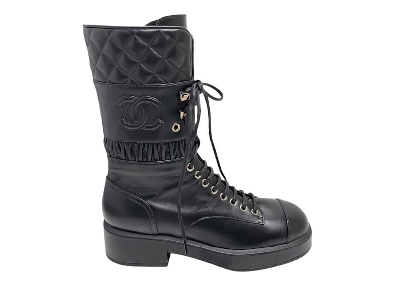 Chanel Lace Ups Combat Boot Black Leather
