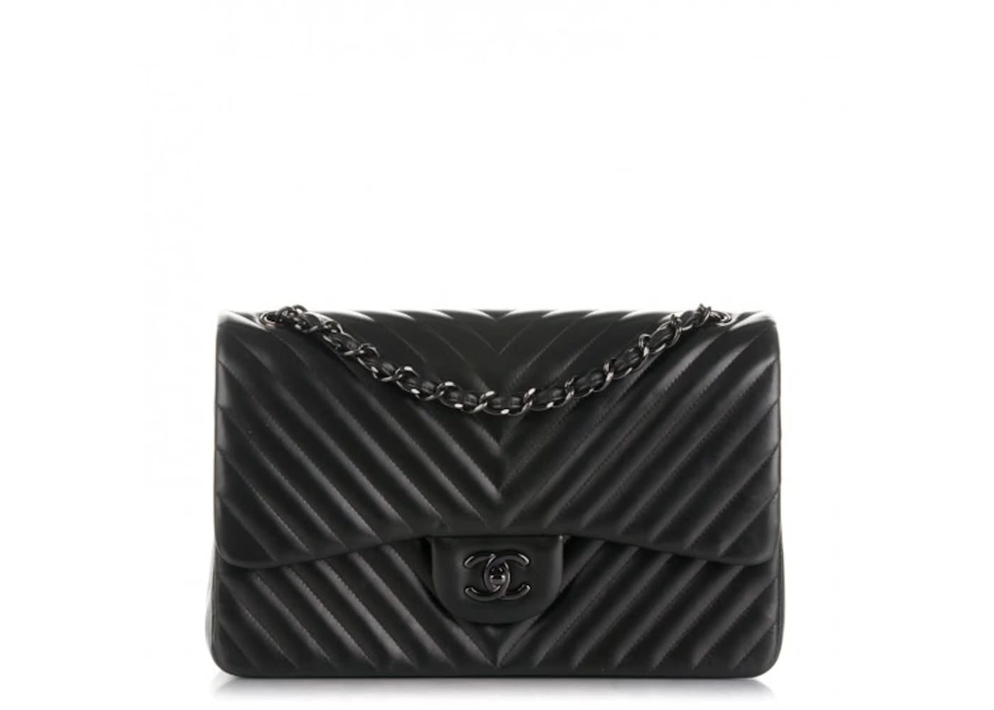 Chanel So Black Classic Double Flap Chevron Lambskin Jumbo Black