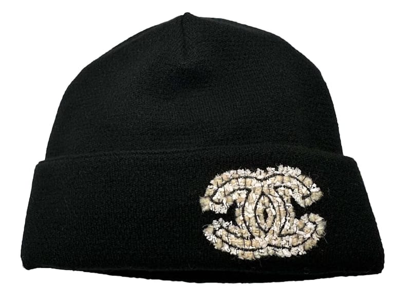 Chanel Cloche Black White Beige CC Logo Beanie AA8603 Black