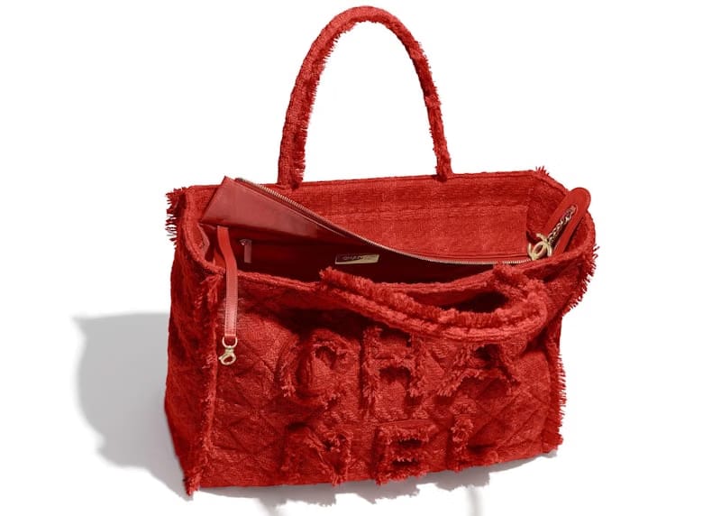 Chanel Zipped Shopping Bag Tweed Gold-tone Large Red