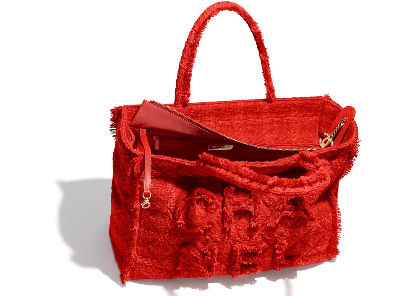 Chanel Zipped Shopping Bag Tweed Gold-tone Large Red