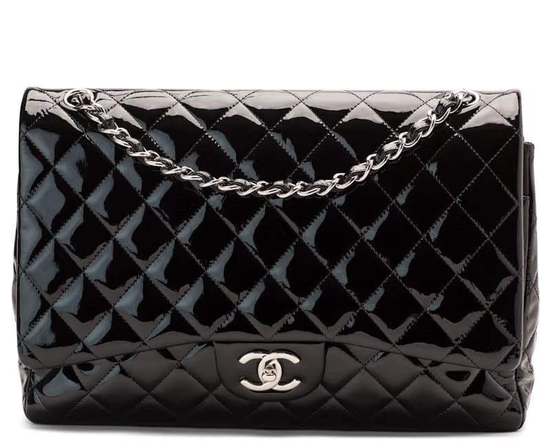 Chanel Classic Double Flap Quilted Patent Leather Silver-tone Maxi Black