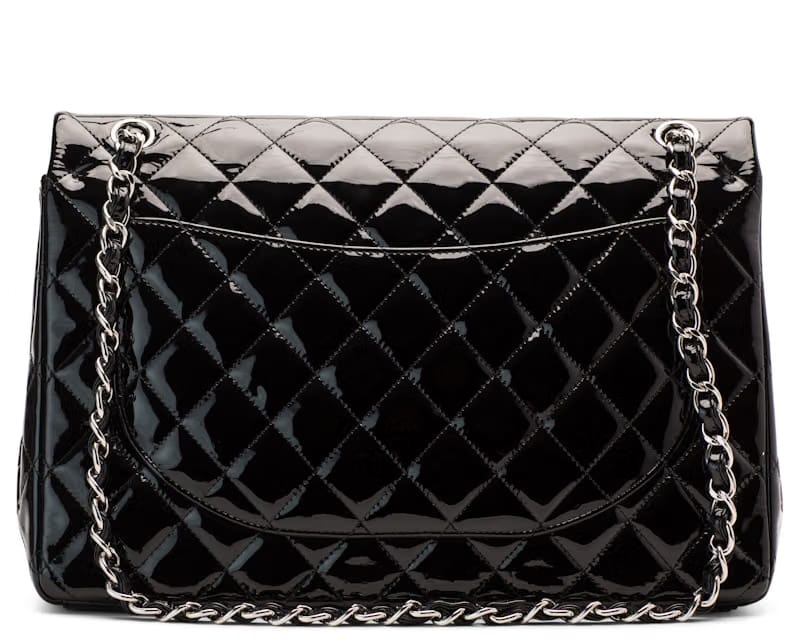 Chanel Classic Double Flap Quilted Patent Leather Silver-tone Maxi Black