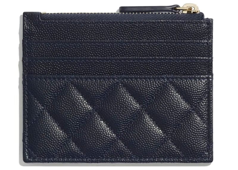 Chanel Classic Card Holder Quilted Grained Calfskin Gold-tone Navy Blue