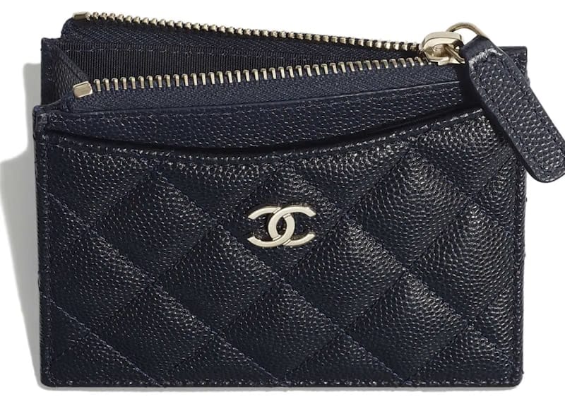 Chanel Classic Card Holder Quilted Grained Calfskin Gold-tone Navy Blue