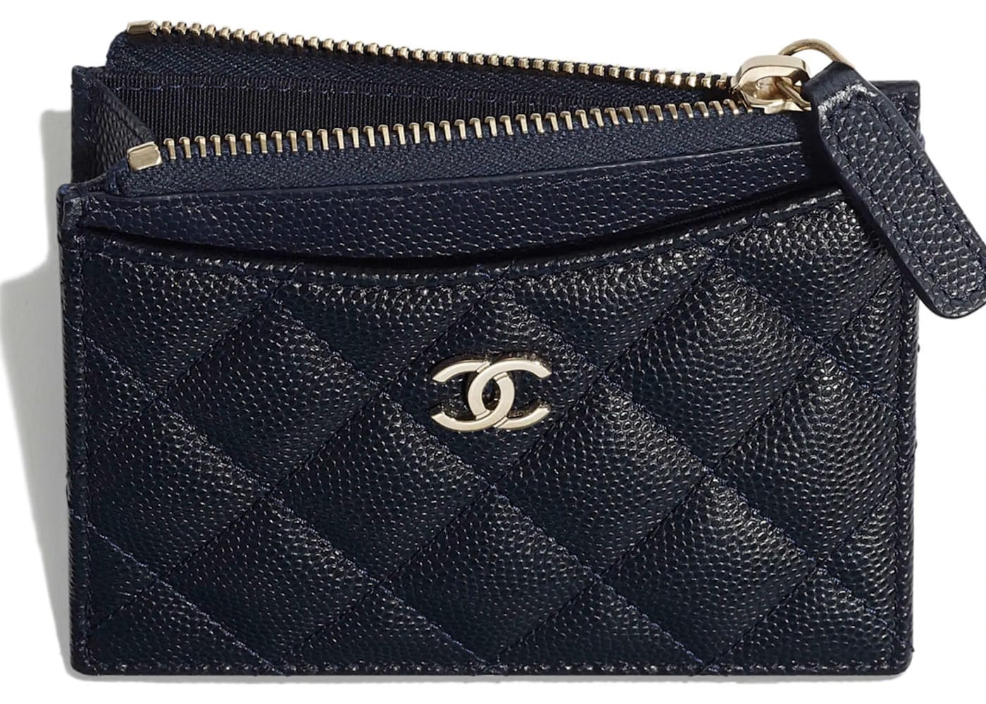 Chanel Classic Card Holder Quilted Grained Calfskin Gold-tone Navy Blue