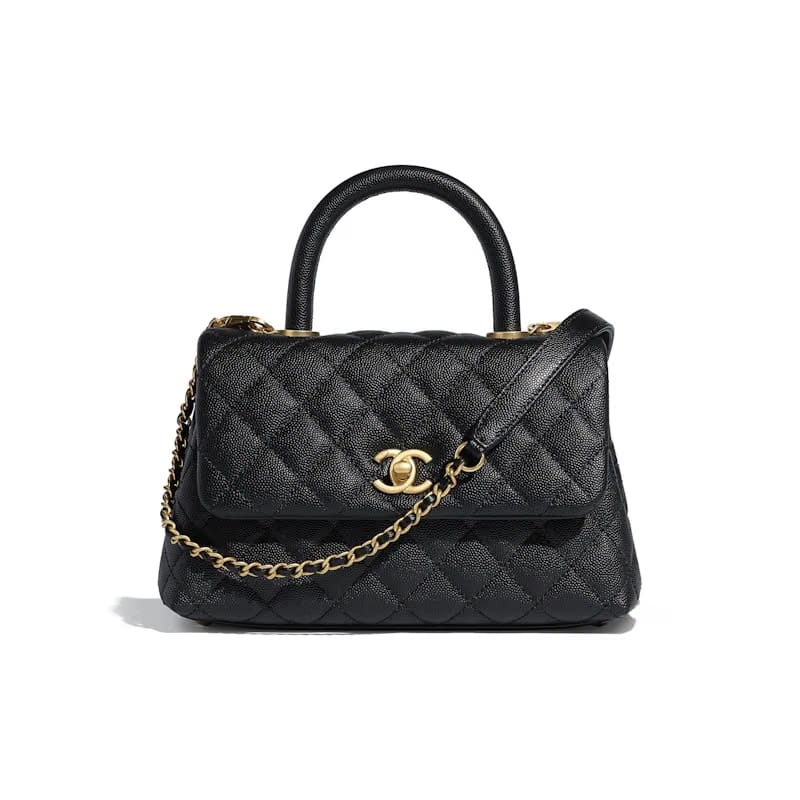 Chanel Flap Bag Top Handle Quilted Grained Calfskin Gold-tone Small Black
