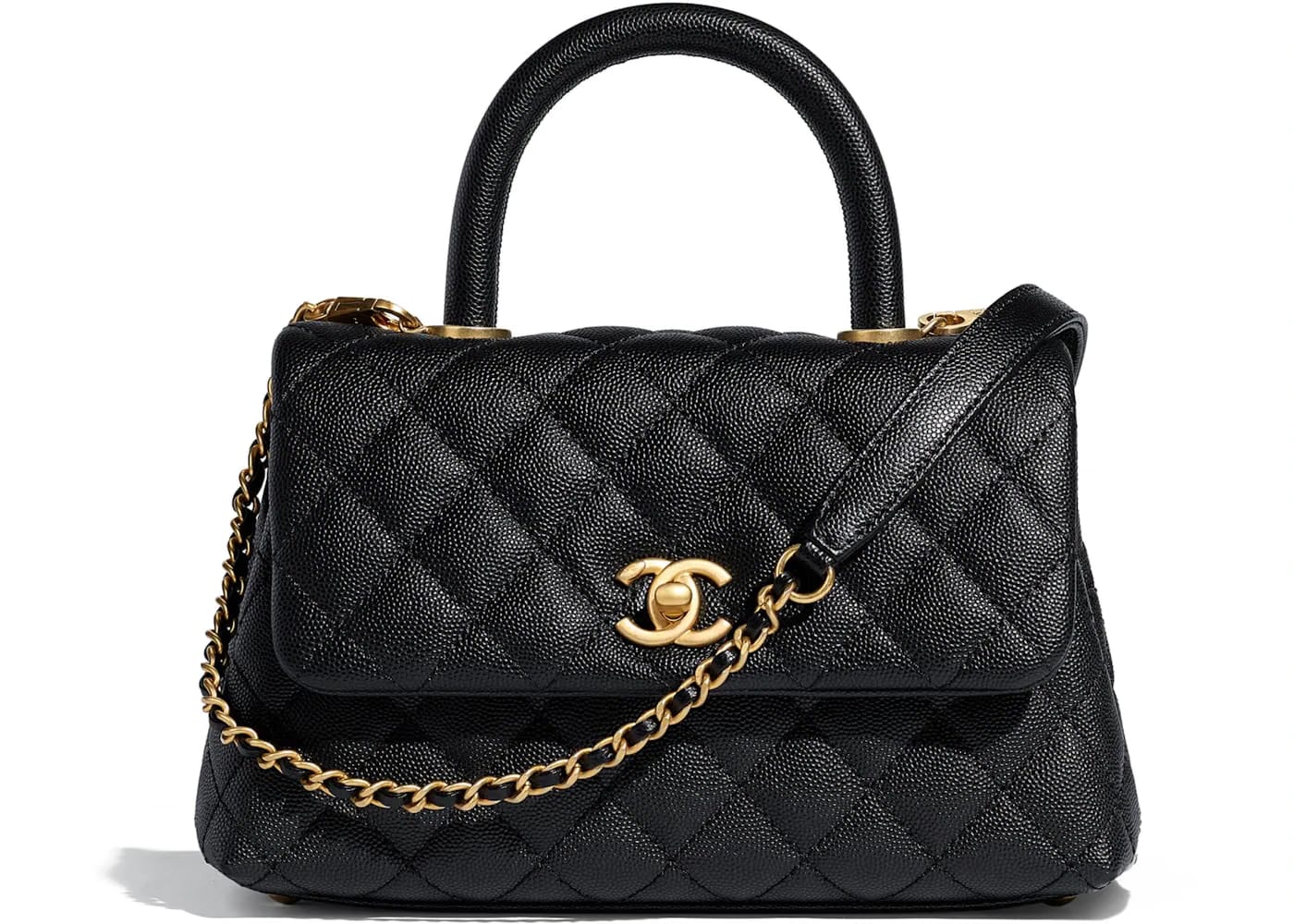 Chanel Flap Bag Top Handle Quilted Grained Calfskin Gold-tone Small Black