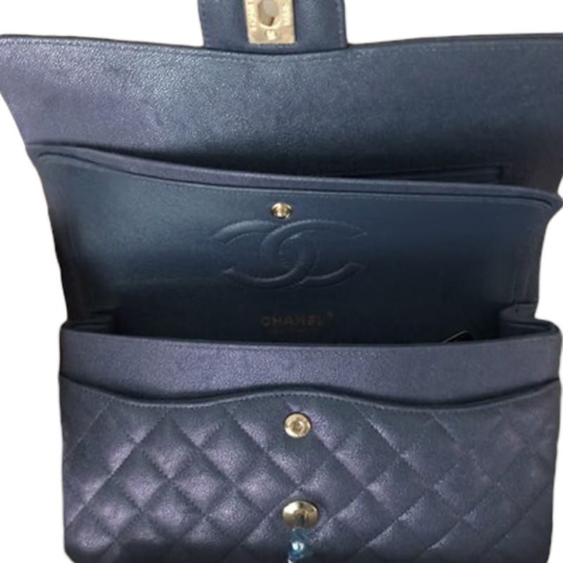 Chanel Classic Double Flap Quilted Iridescent Caviar Gold-tone Medium Blue