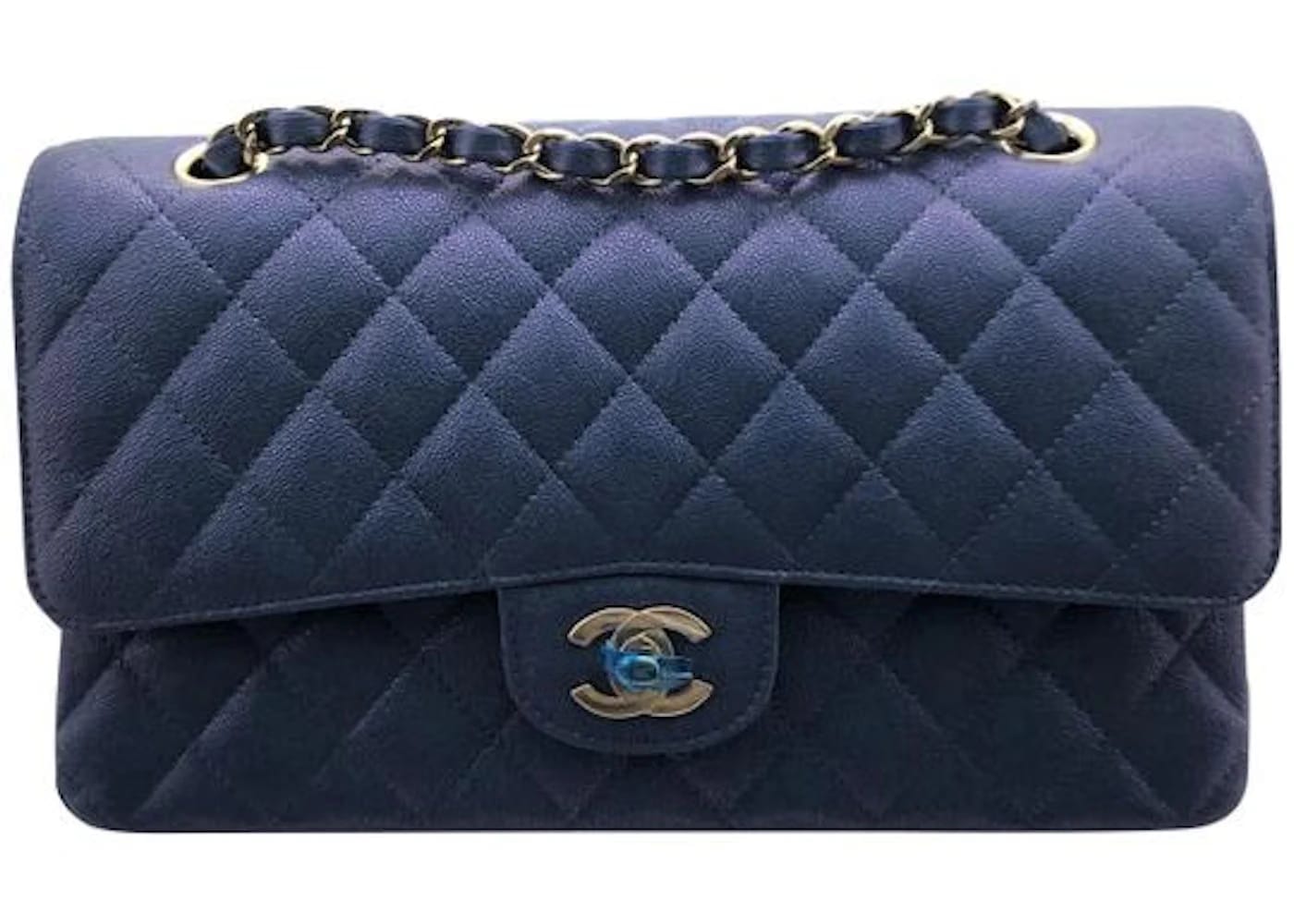 Chanel Classic Double Flap Quilted Iridescent Caviar Gold-tone Medium Blue