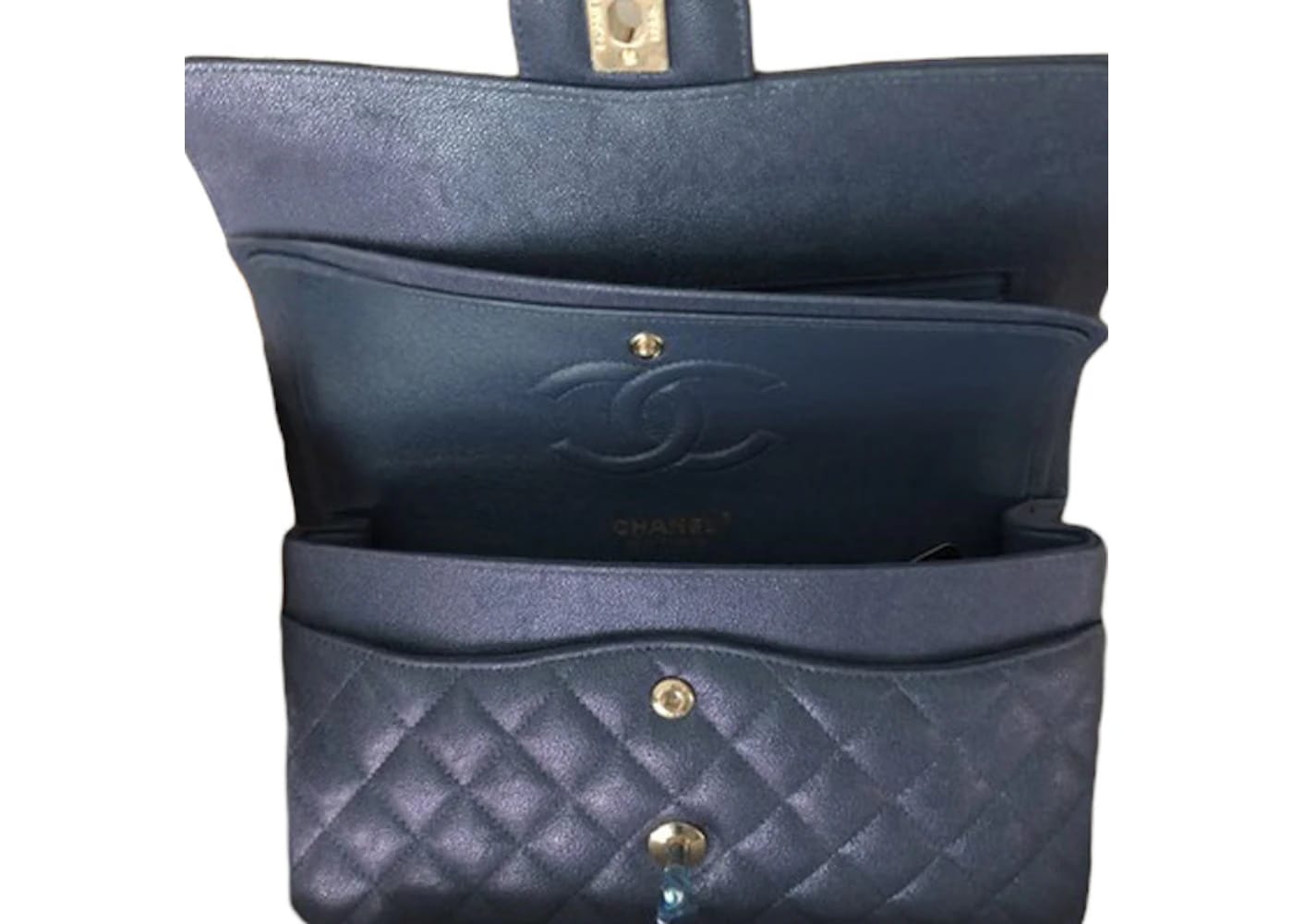 Chanel Classic Double Flap Quilted Iridescent Caviar Gold-tone Medium Blue