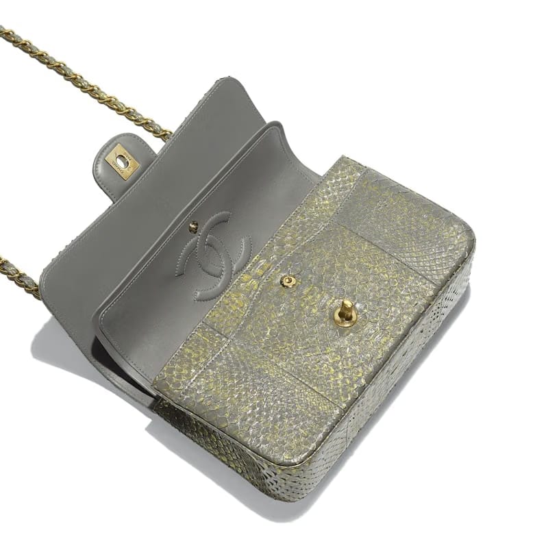 Chanel Classic Handbag Python Bronze-tone Gray