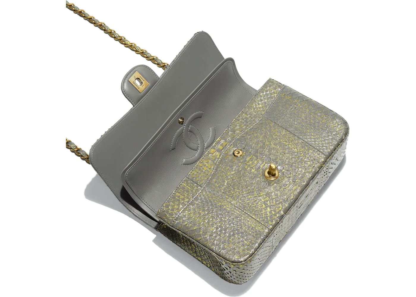 Chanel Classic Handbag Python Bronze-tone Gray