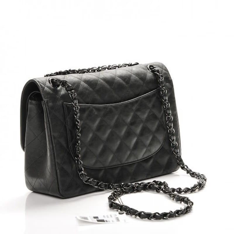 Chanel Classic Double Flap Quilted Crumple Calfskin Gunmetal Jumbo So Black