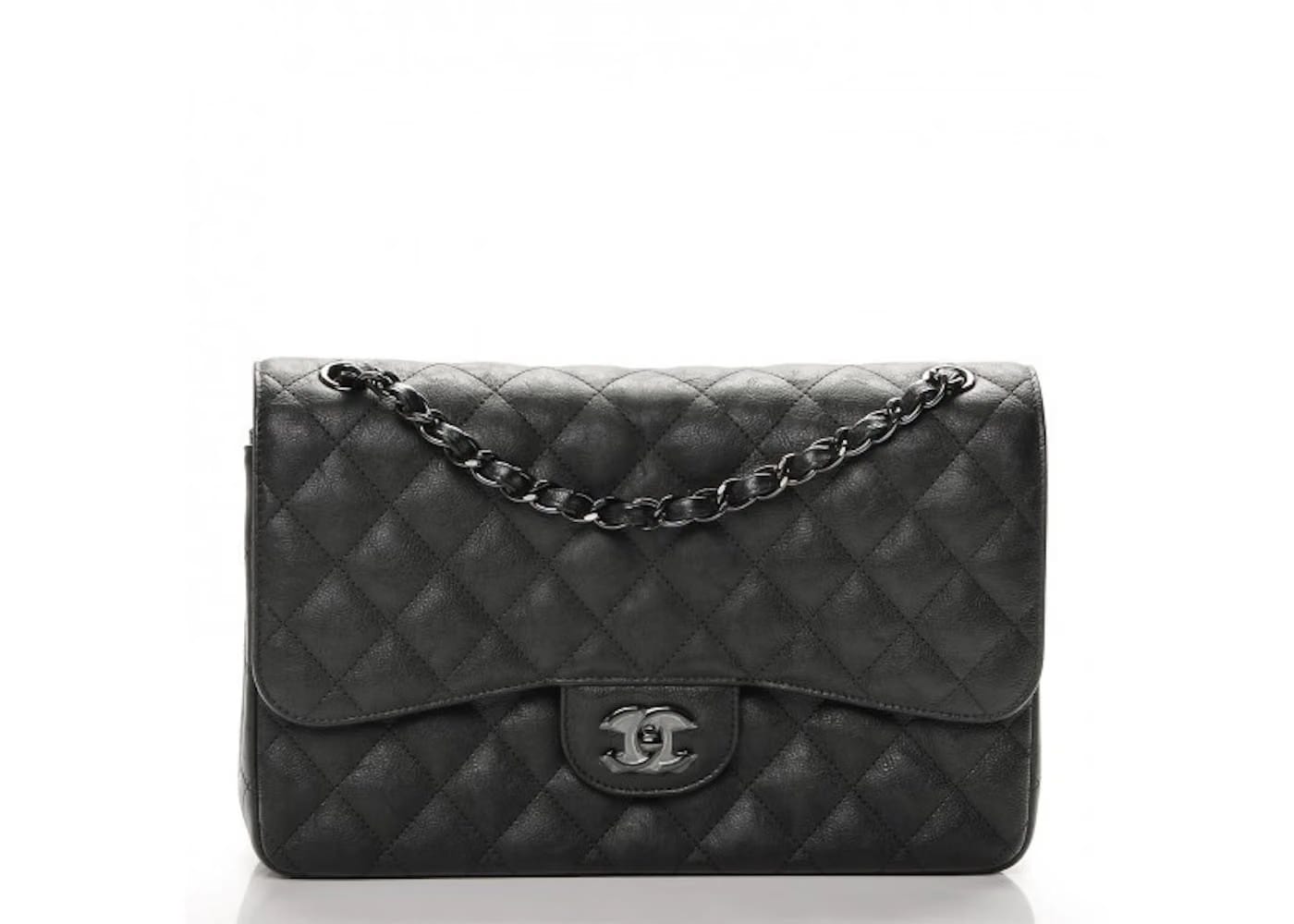 Chanel Classic Double Flap Quilted Crumple Calfskin Gunmetal Jumbo So Black