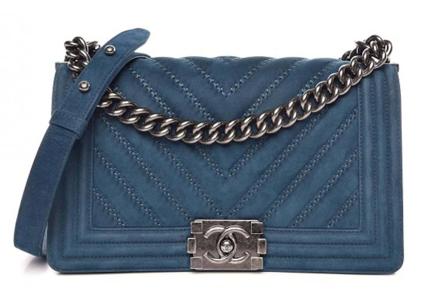 Chanel Boy Flap Chevron Quilted Nubuck Medium Blue