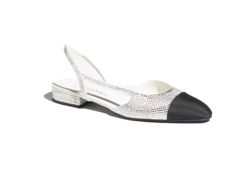 Chanel Strass 20mm Slingbacks Silver Black Grosgrain