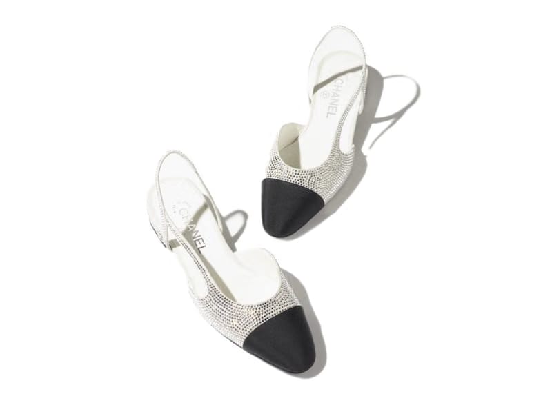 Chanel Strass 20mm Slingbacks Silver Black Grosgrain