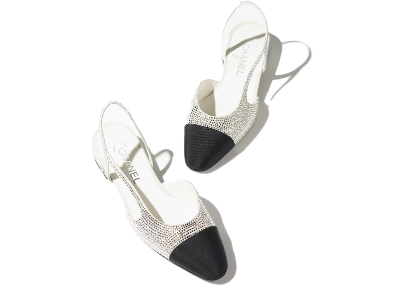 Chanel Strass 20mm Slingbacks Silver Black Grosgrain