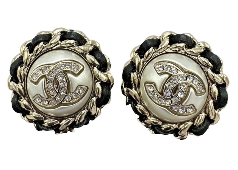 Chanel CC Logo Crystal Pearl Chain Stud Earrings AB4703 Gold/Pearly White/Black/Crystal