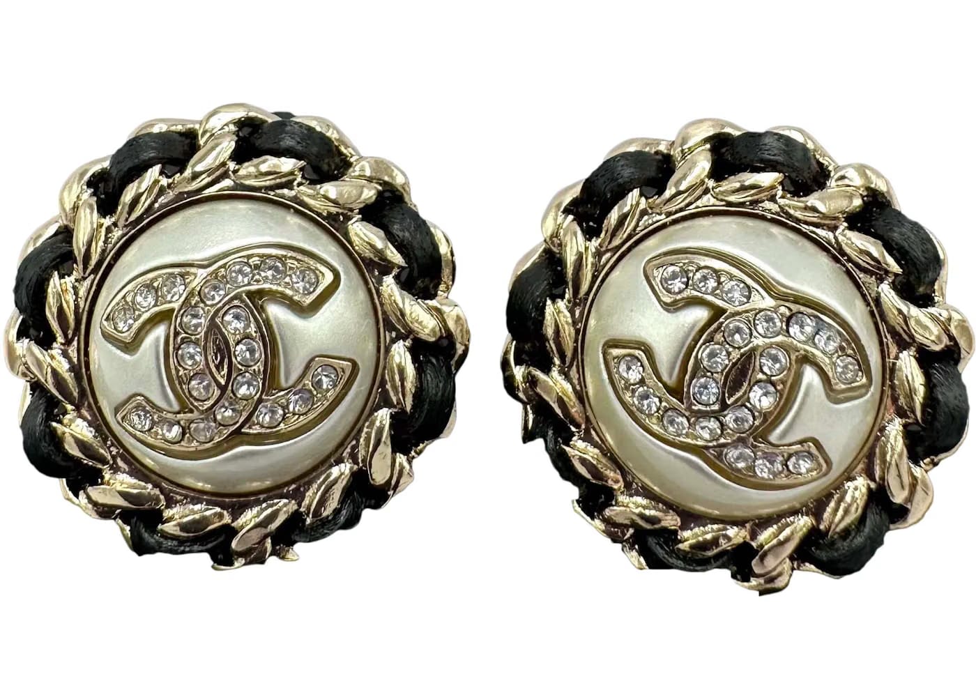 Chanel CC Logo Crystal Pearl Chain Stud Earrings AB4703 Gold/Pearly White/Black/Crystal