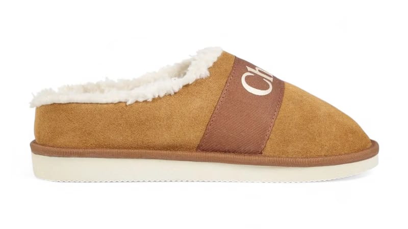 Chloe Logo-Print Strap Fleece-Texture Slippers Brown (GS)