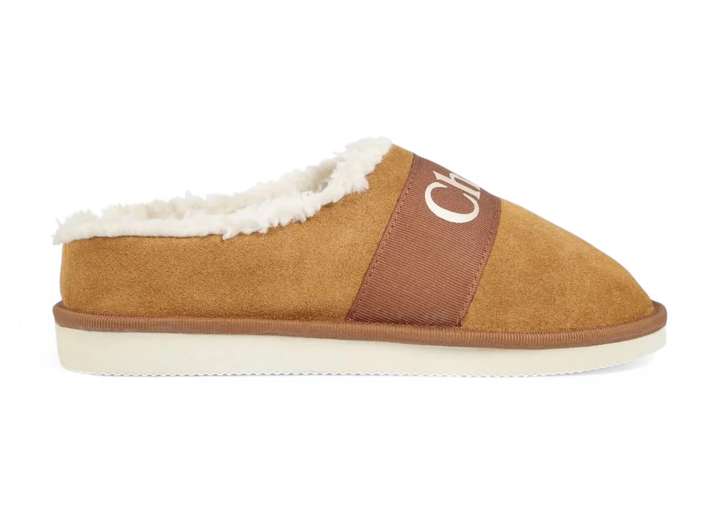 Chloe Logo-Print Strap Fleece-Texture Slippers Brown (GS)