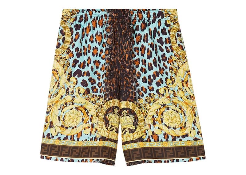Fendi Fendace Wild Baroque Silk Shorts Gold/Blue