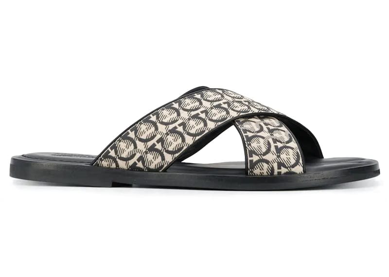 Ferragamo Gancini Printed Pool Slides Beige Black