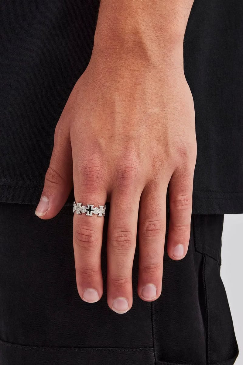 Iced & Black Enamel Cross Motif Ring