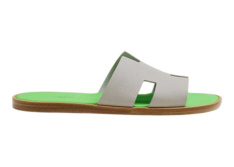 Hermes Izmir Sandal Gris Quartz Vert Fluo Epsom Calfskin Leather