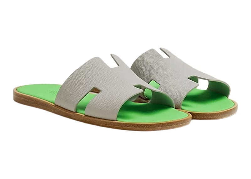 Hermes Izmir Sandal Gris Quartz Vert Fluo Epsom Calfskin Leather