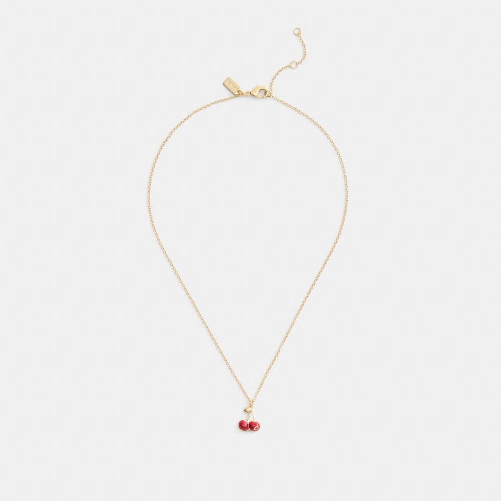Coach Cherry Charm Pendant Necklace Gold Red