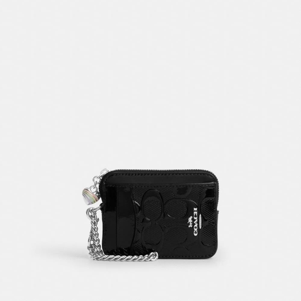 Coach Zip Card Case In Signature Leather With Heart Charm Silver Black