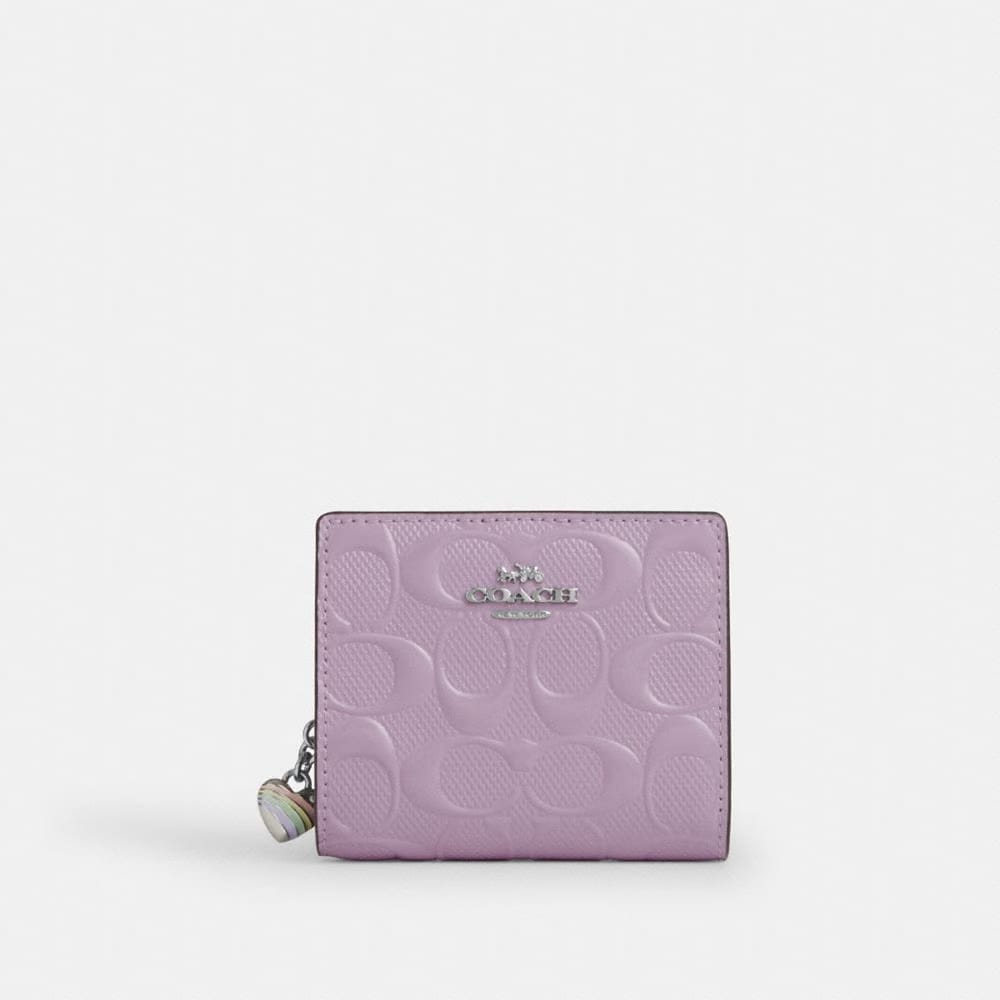 Coach Snap Wallet In Signature Leather With Heart Charm Silver Light Violet