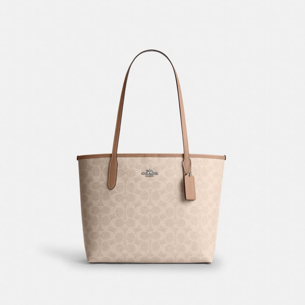 Coach Medium City Tote Bag In Signature Canvas Silver Sand Taupe