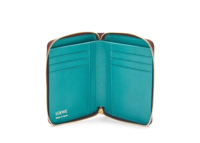 LOEWE Knot Compact Zip Wallet in Shiny Nappa Calfskin Burgundy/Emerald