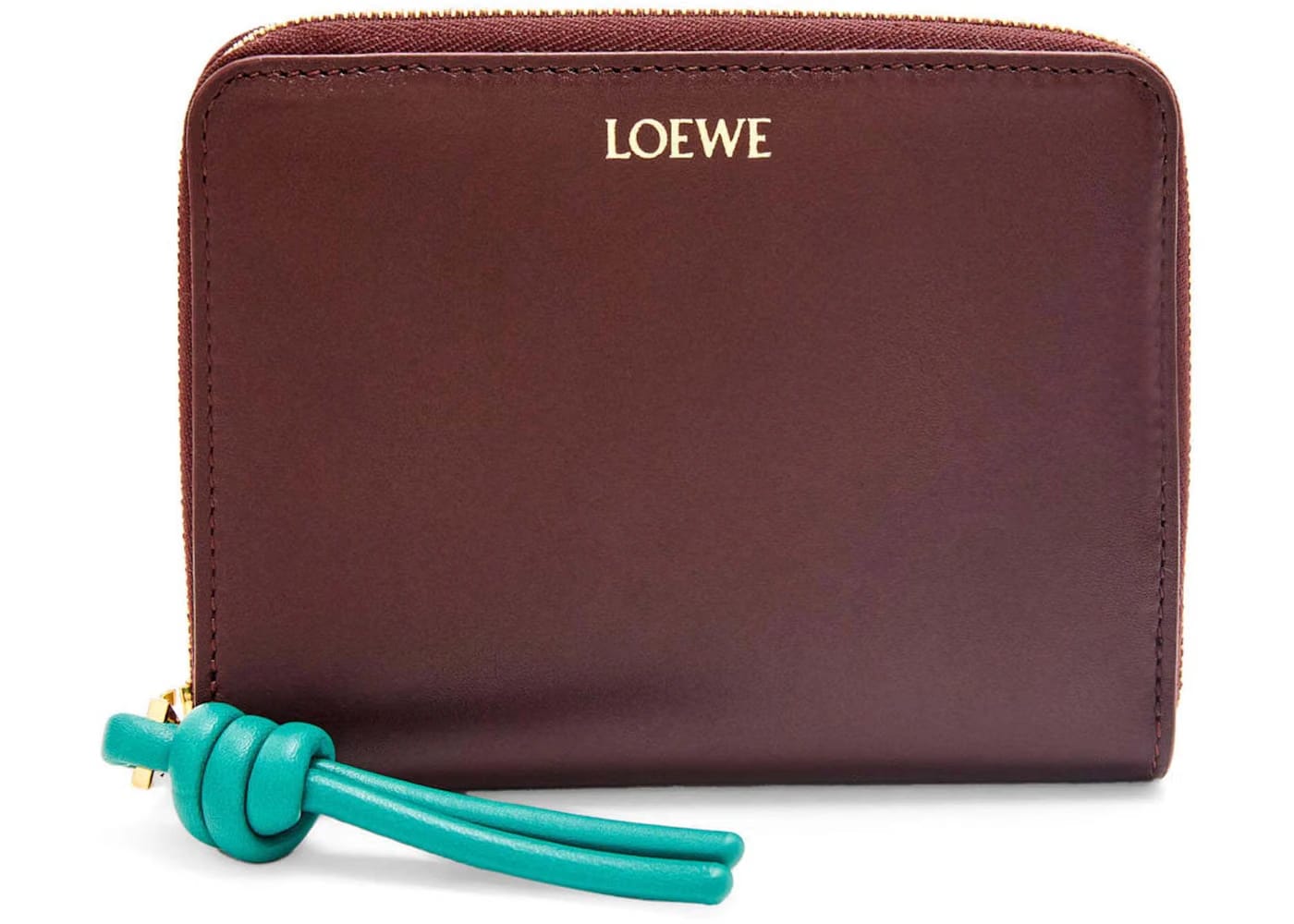 LOEWE Knot Compact Zip Wallet in Shiny Nappa Calfskin Burgundy/Emerald