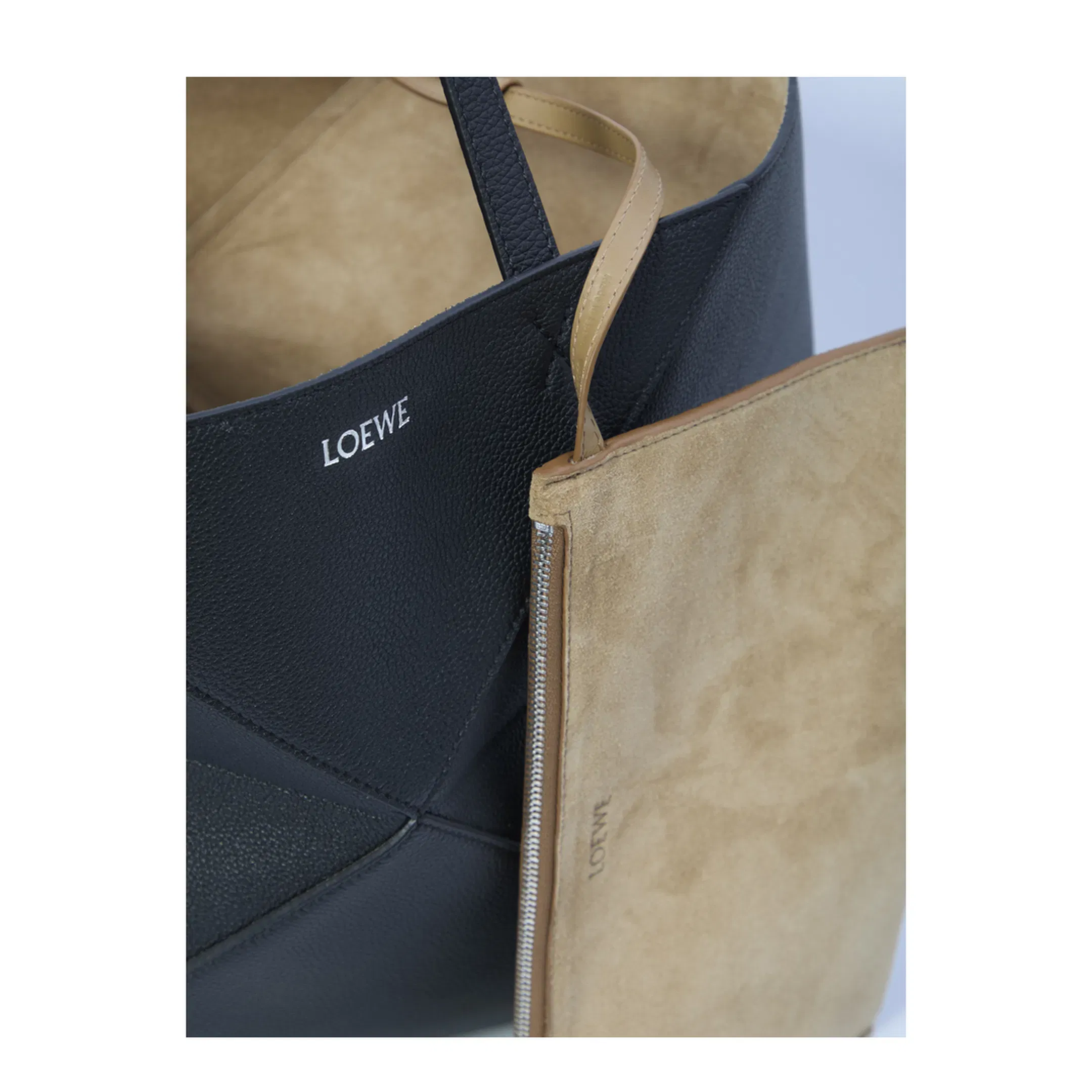 Puzzle Medium Horizontal Soft Grained Calfskin Tote - Black